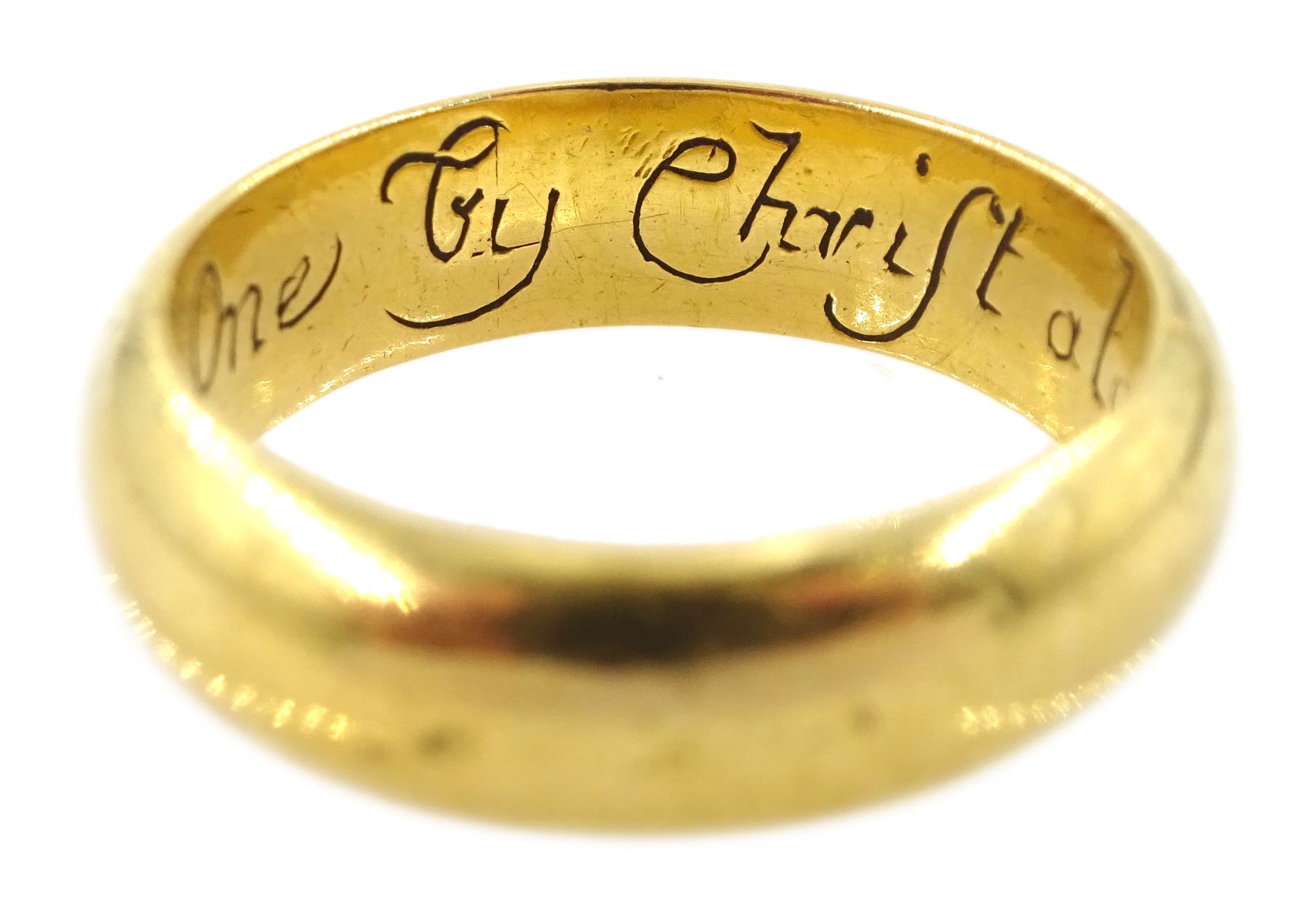 17th / 18th century 20ct gold posy ring, inscribed within 'Joynd in One by Christ alone', crown hallmark, with paperwork