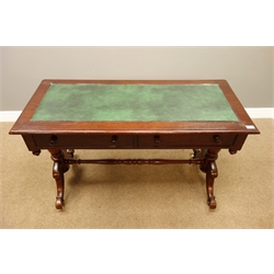  Victorian mahogany console table, inset rectangular moulded top, with two drawers, stretcher base, W123cm, H76cm, D53cm  