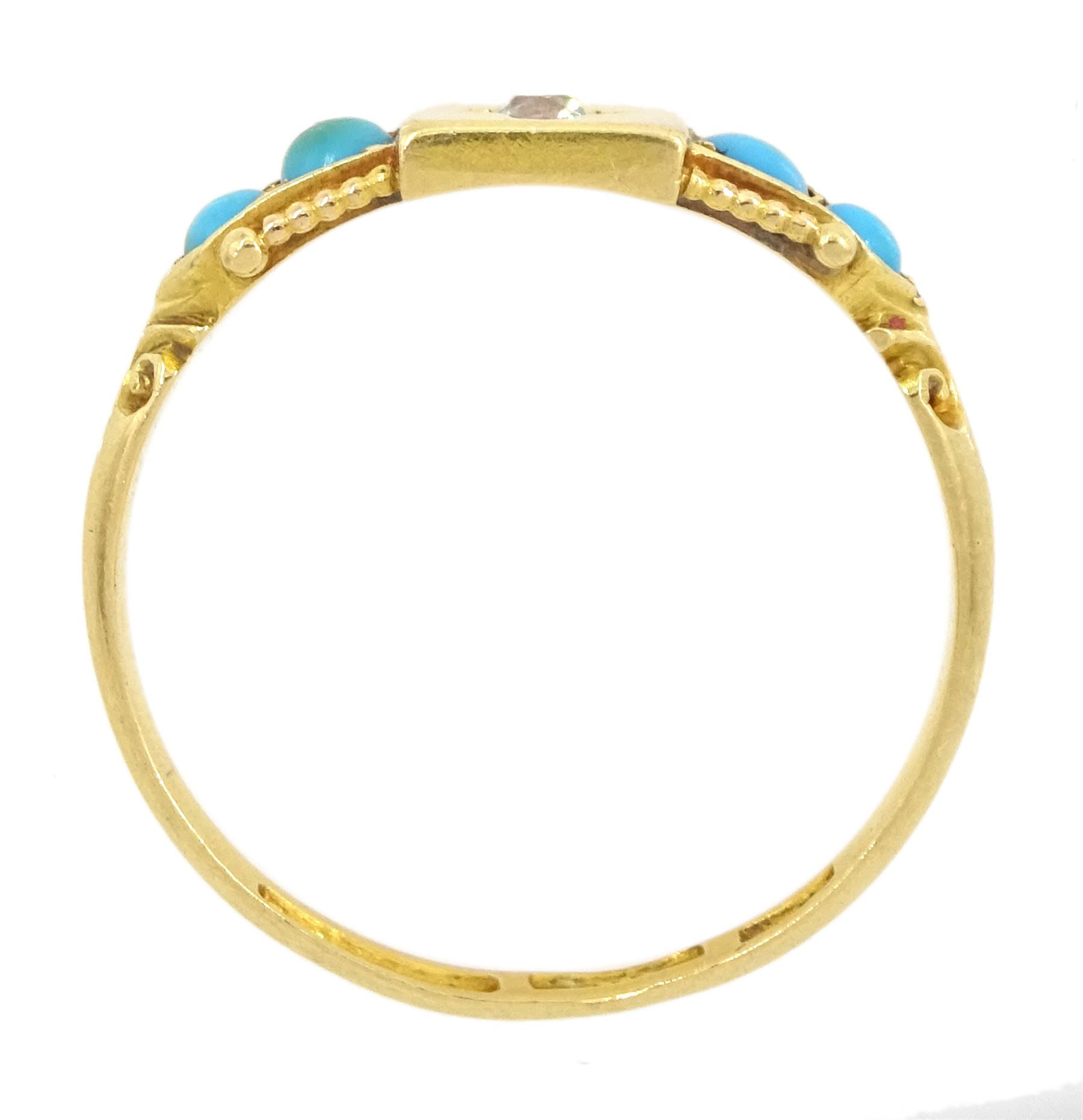Victorian five stone old cut diamond and turquoise ring, stamped 18ct