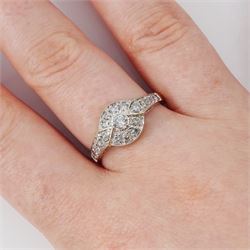 18ct gold diamond cluster ring, milgrain set with round brilliant cut diamonds and diamond set shoulders, Sheffield 2004, total diamond weight 0.50 carat