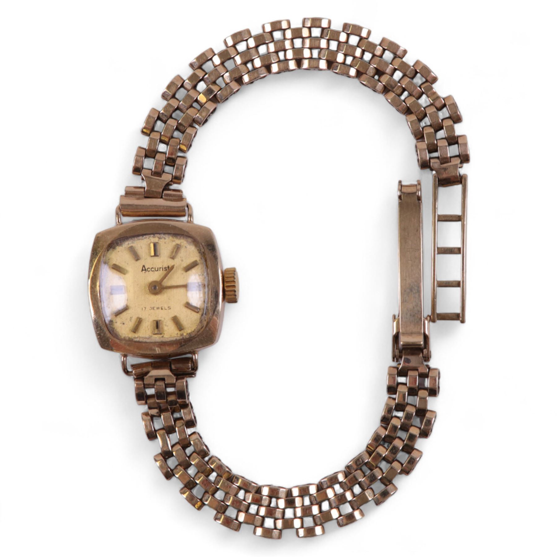 Accurist ladies 9ct gold manual wind wristwatch, on integral 9ct gold bracelet, hallmarked