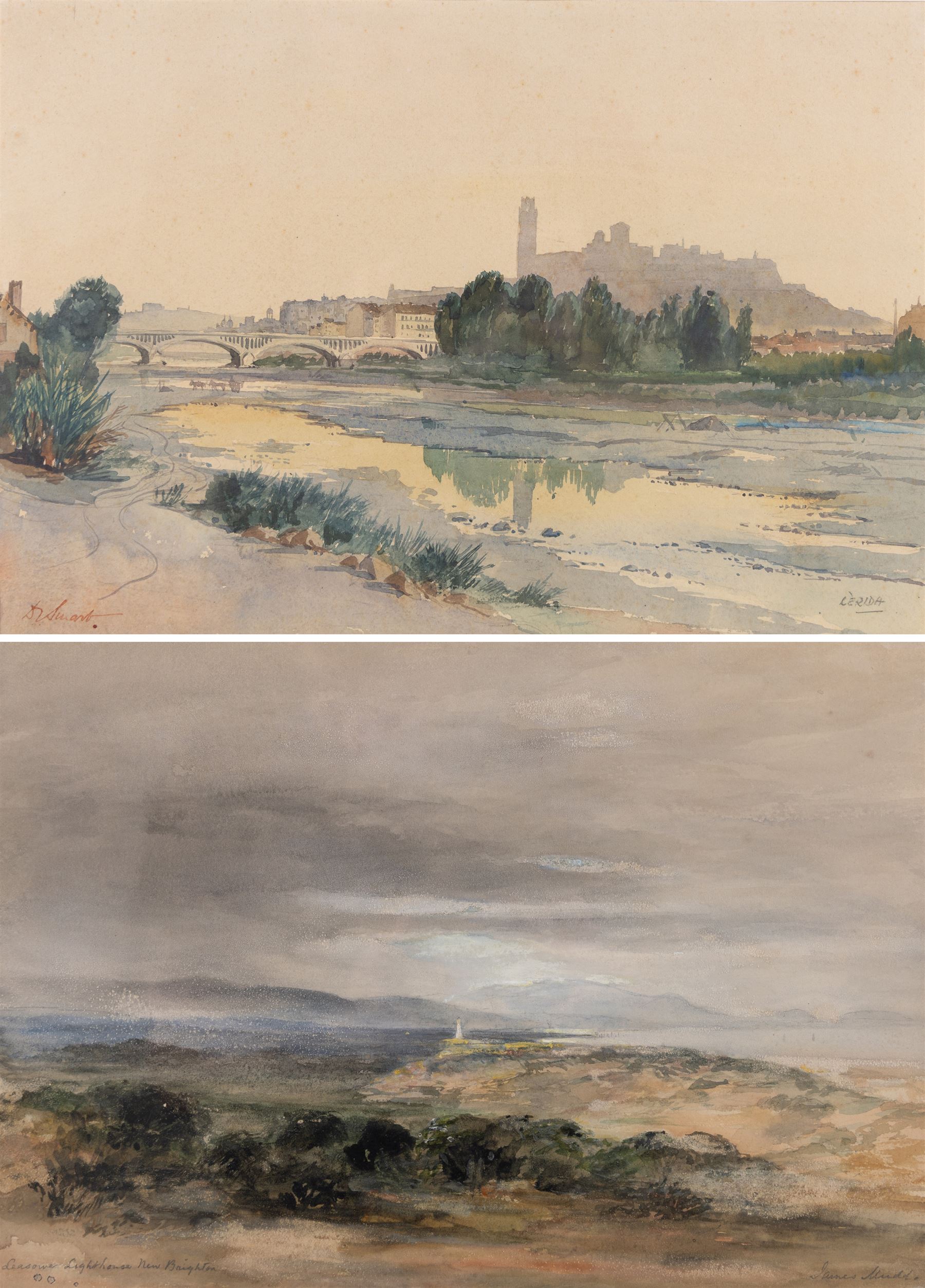 James Mudd (British 1821-1906): 'Leasowe Lighthouse New Brighton', watercolour signed and titled in pencil, 25cm x 35cm; Douglas Ian Smart (British 1879-1970): 'Lerida' Spain, watercolour signed and titled 25cm x 36cm (2)