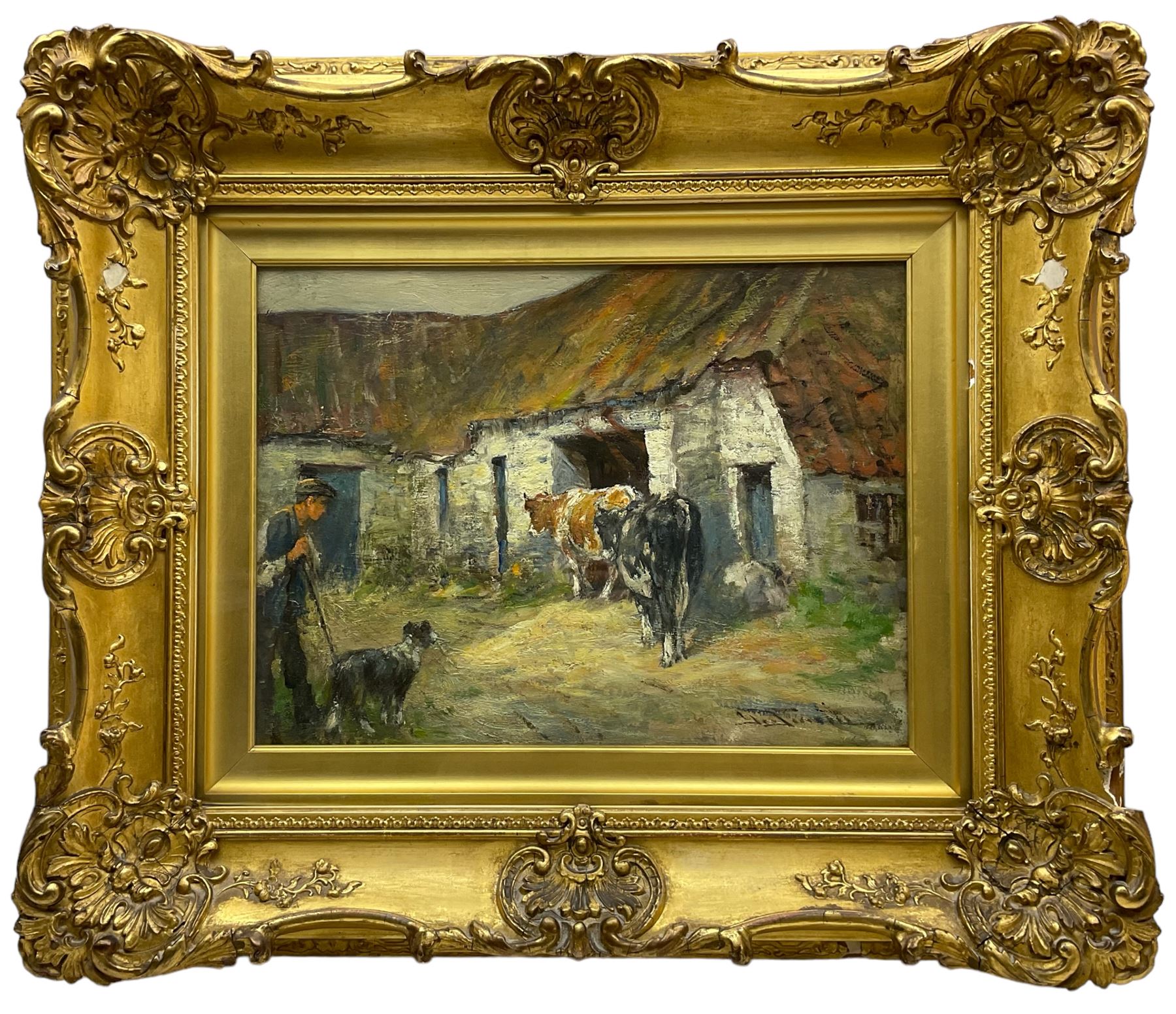 George Smith (Scottish 1870-1934): Cattle and Sheepdog in the Farmyard, oil on board signed 29cm x 39cm