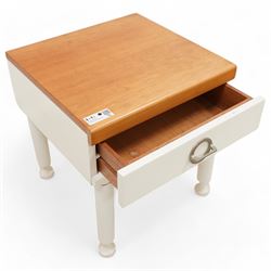 Mid-20th century cherry wood and white painted chest, fitted with three drawers (W77cm, H68cm, D46cm); together with a matching bedside lamp table (W46cm, H48cm, D44cm)