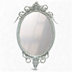20th century silvered oval wall mirror in the Rococo manner, the pierced crest with shell ...