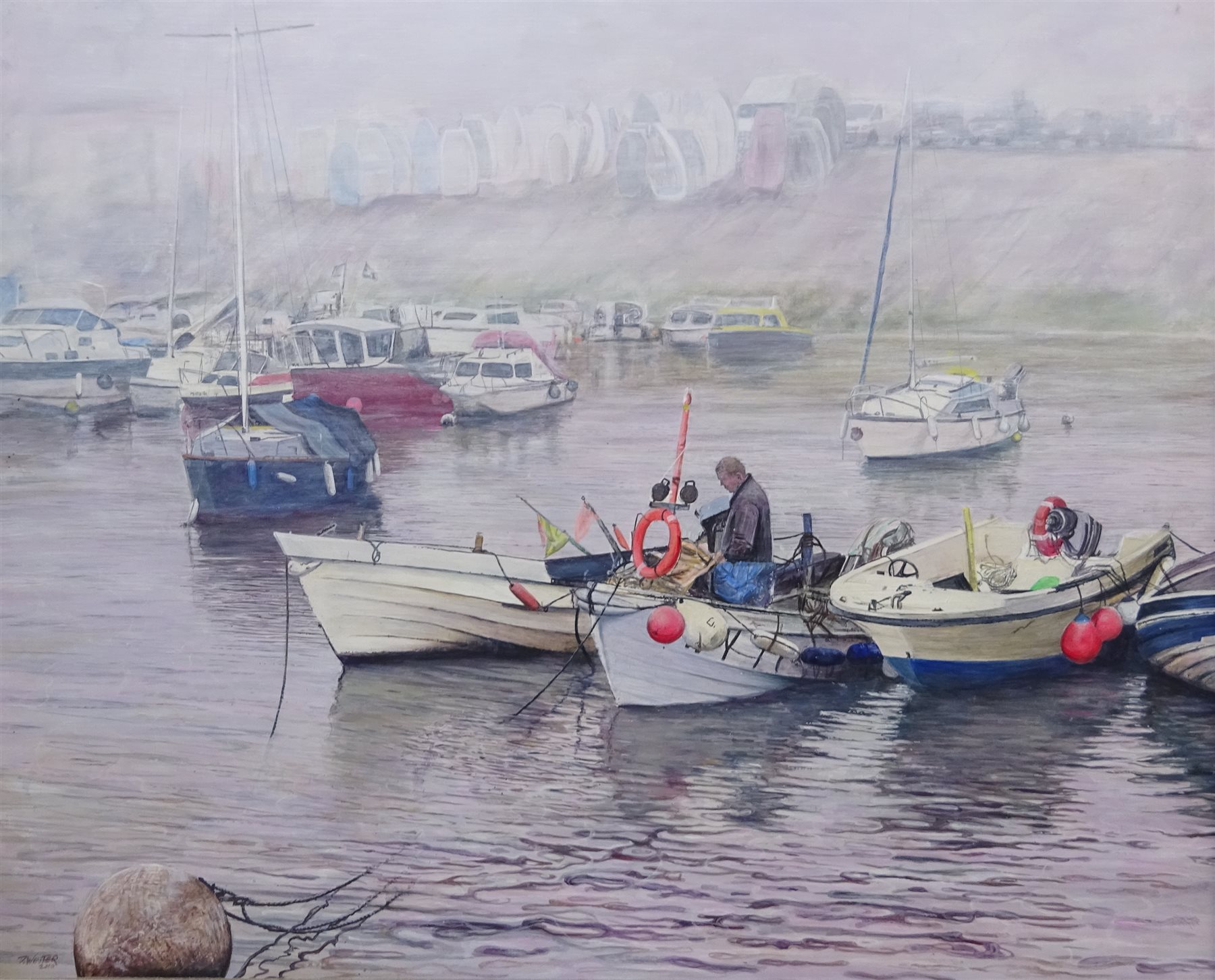 David Winter (British Contemporary): 'Misty Morning Bridlington Harbour', acrylic on board signed and dated 2010, titled on label verso 52cm x 64cm 
Provenance: with The Winter Gallery, Bridlington 