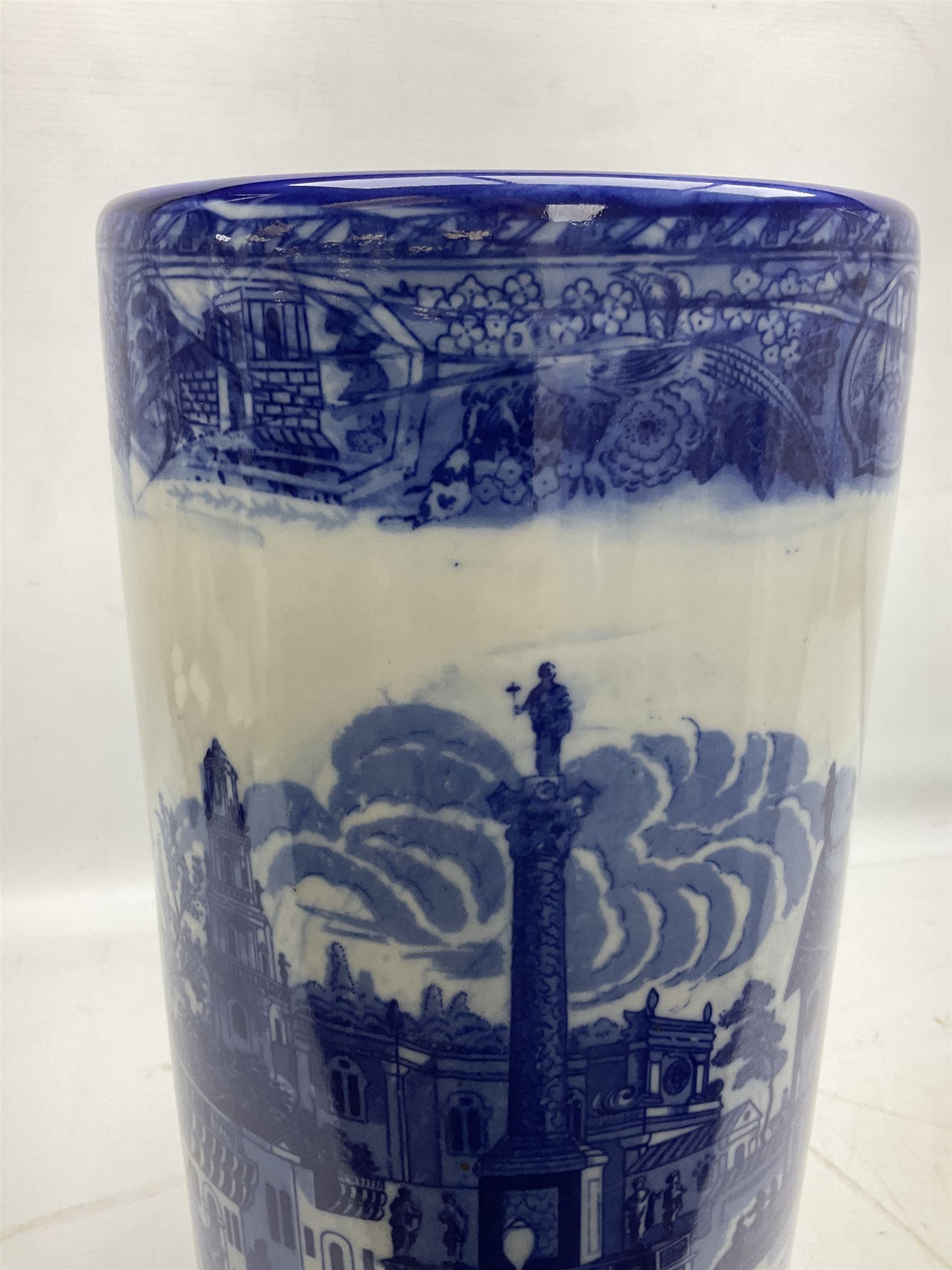 Victoria Ware blue and white umbrella stand, decorated with transfer print decorated with city scape, H43cm