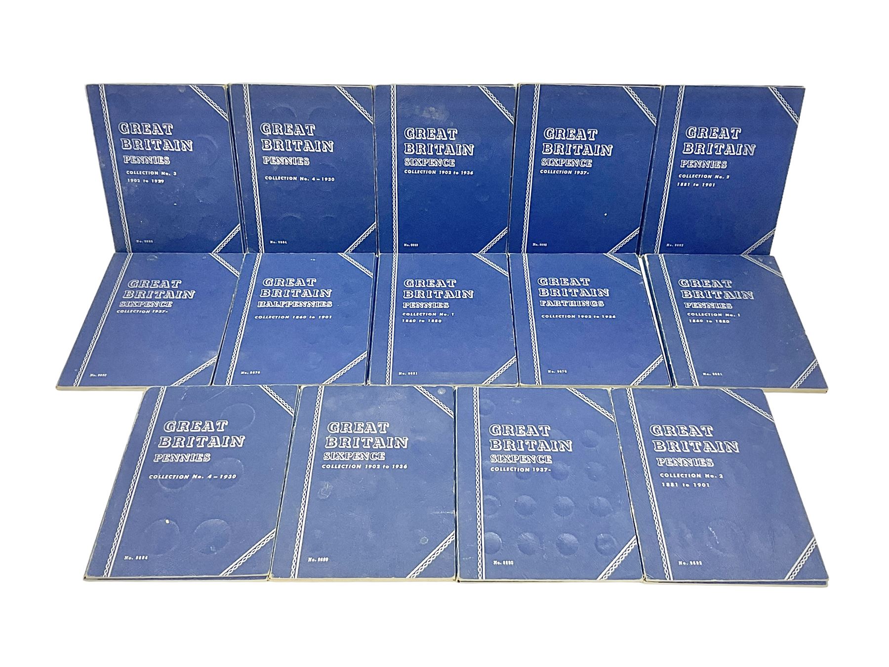 Fourteen part filled Whitman folders, including farthings, halfpennies, pennies and sixpences