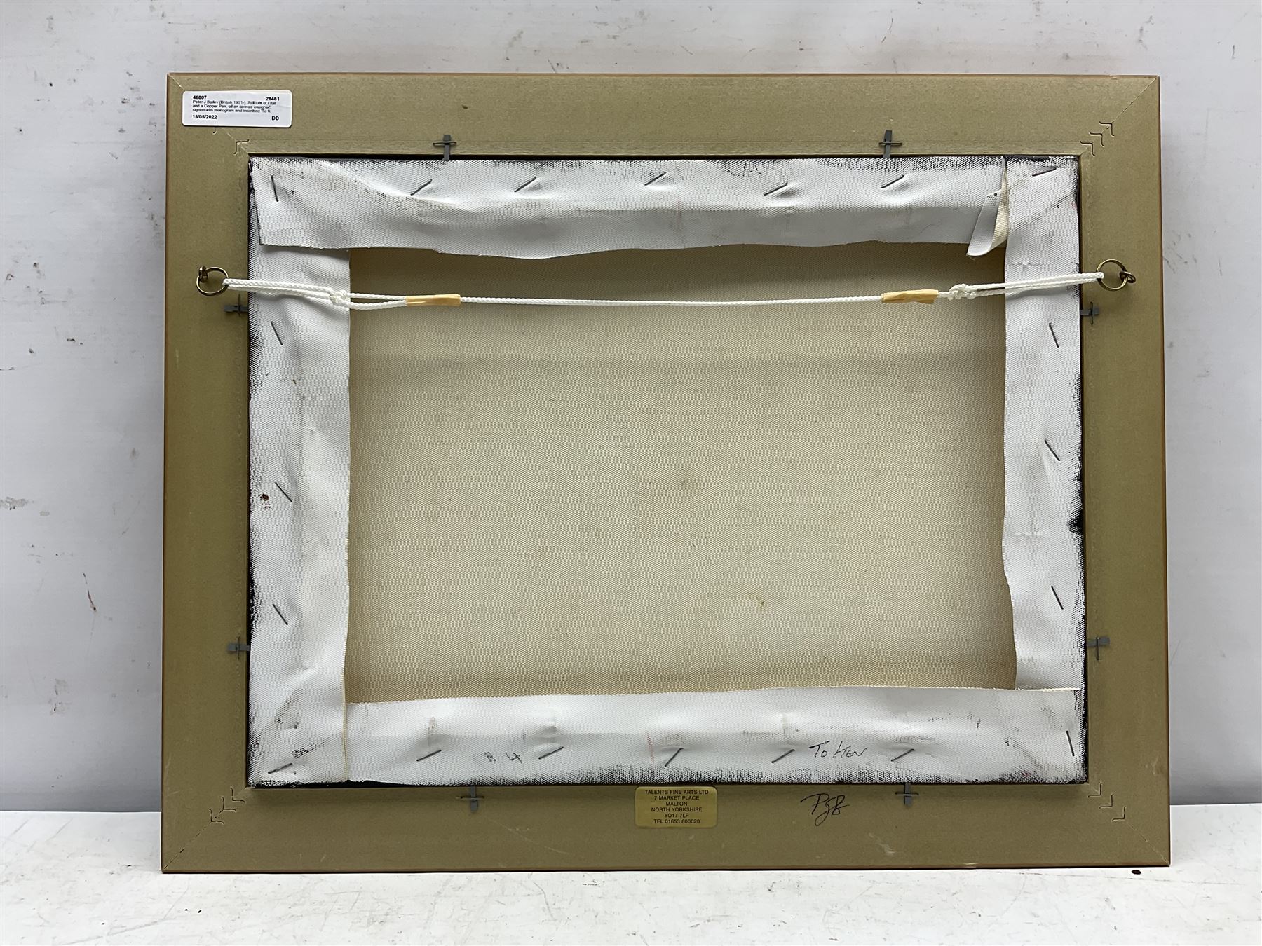 Peter J Bailey (British 1951-): Still Life of Fruit and a Copper Pan, oil on canvas unsigned, signed with monogram and inscribed 'To Ken' on the frame verso 30cm x 40cm