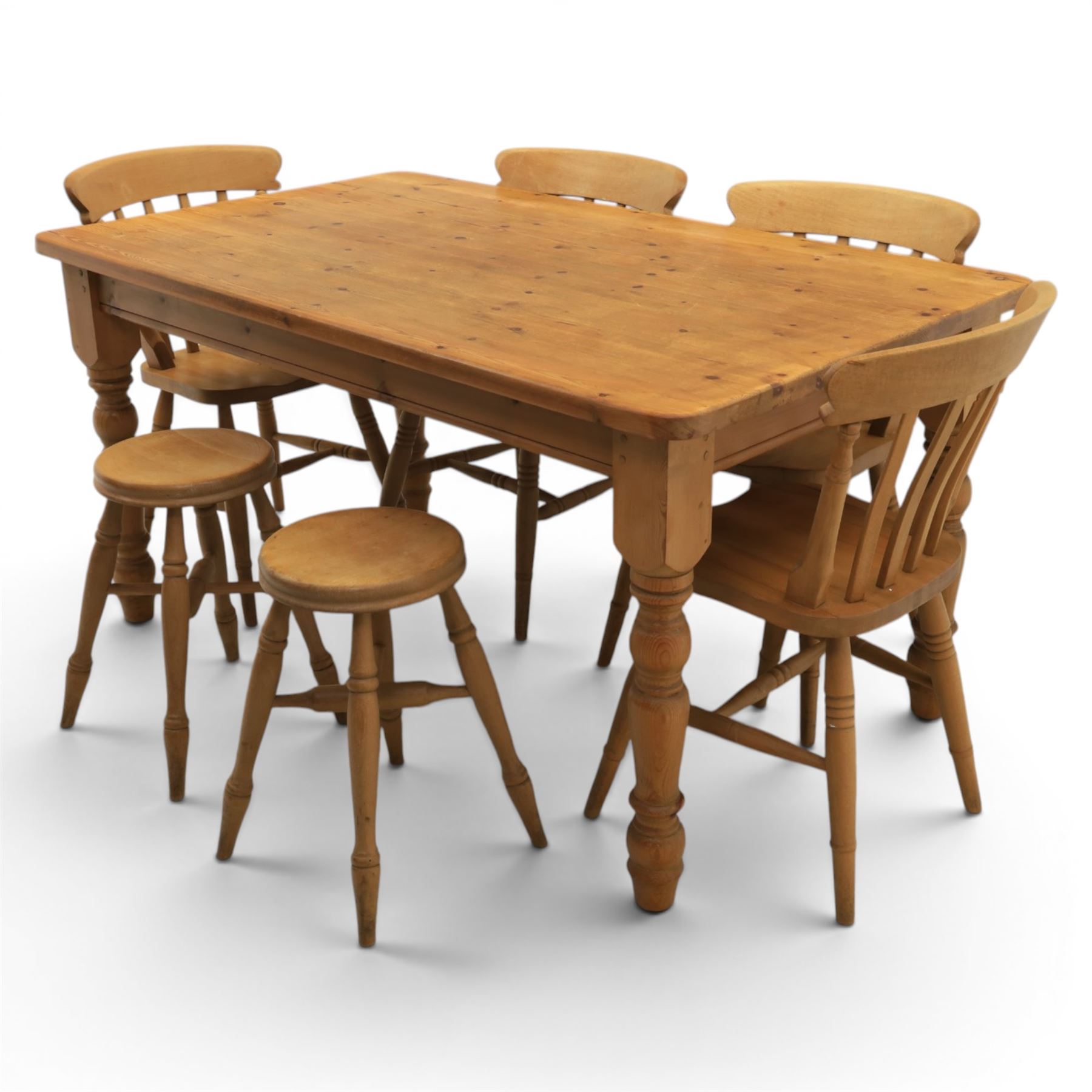 20th century traditional pine dining table together with four chairs and two stools
