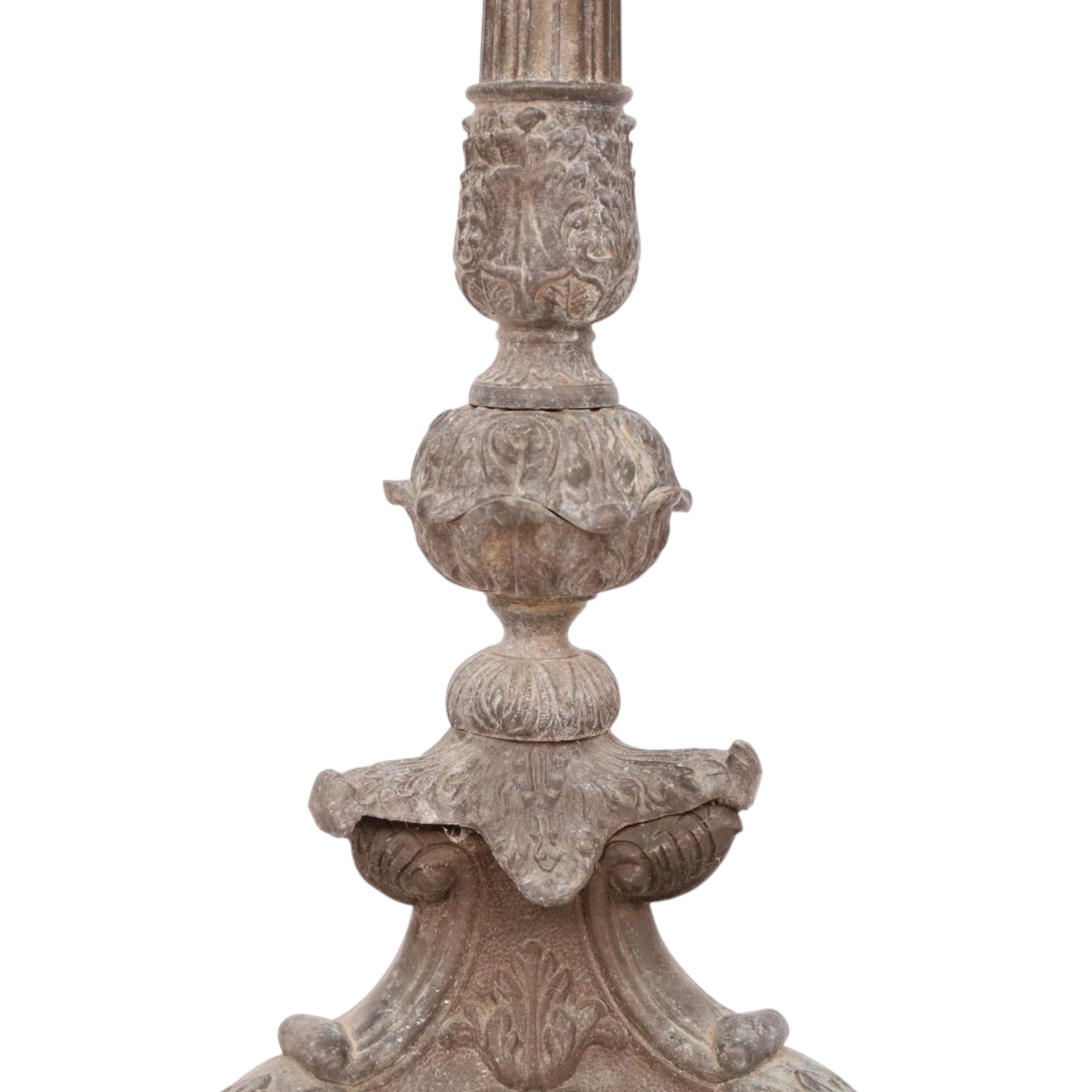 Table lamp with knopped central column with scroll feet upon a trifold marble base, H60cm