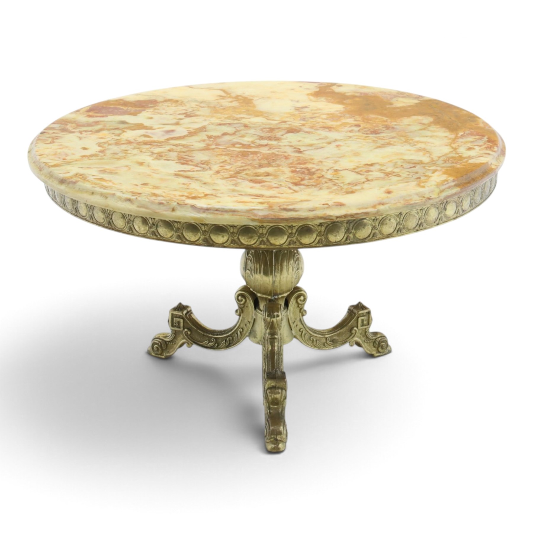 Victorian design marble topped gilt metal coffee table, circular cream and orange veined marble top with moulded edge, cast frieze with repeating roundel decoration, raised on a three scrolled supports 