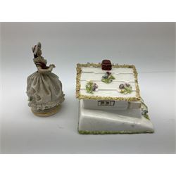 Group of figures, comprising six Royal Doulton examples, Daydreams HN1731, Silks and Ribbons HN2017, Tom Sawyer HN2926, Marie HN1370, Bo-Peep HN1811, and Tinkle Bell HN1677, together with a Dresden type 'lace' example, and a Coalport 'Swiss Cottage', (8)