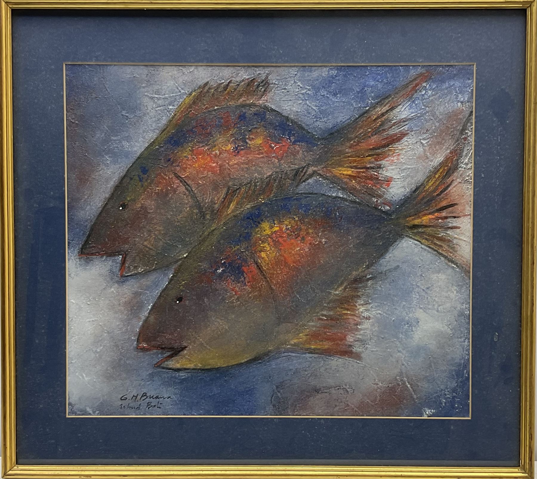 G M Buana (Balinese 20th century): 'Ubud Bali' Fish, mixed media signed and titled 36cm x 42cm