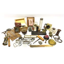Inkwells, corkscrews, dressing table jar, buckles, pin cushions, various coins including USA 1905 quarter dollar, Queen Victoria 1858 penny etc and other miscellaneous collectables 