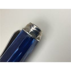Montegrappa Emblema ball pen, the blue pearl marbled barrel of octagonal form with silver mounts and terminal with 1912 emblem, stamped 925 and clip with roller, in box, L13.5cm