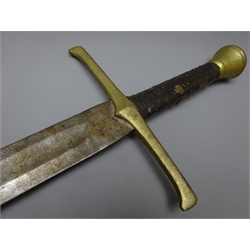  Broad sword with 94cm fullered steel blade, brass cross-piece and bulbous pommel and leather covered grip 119cm overall  