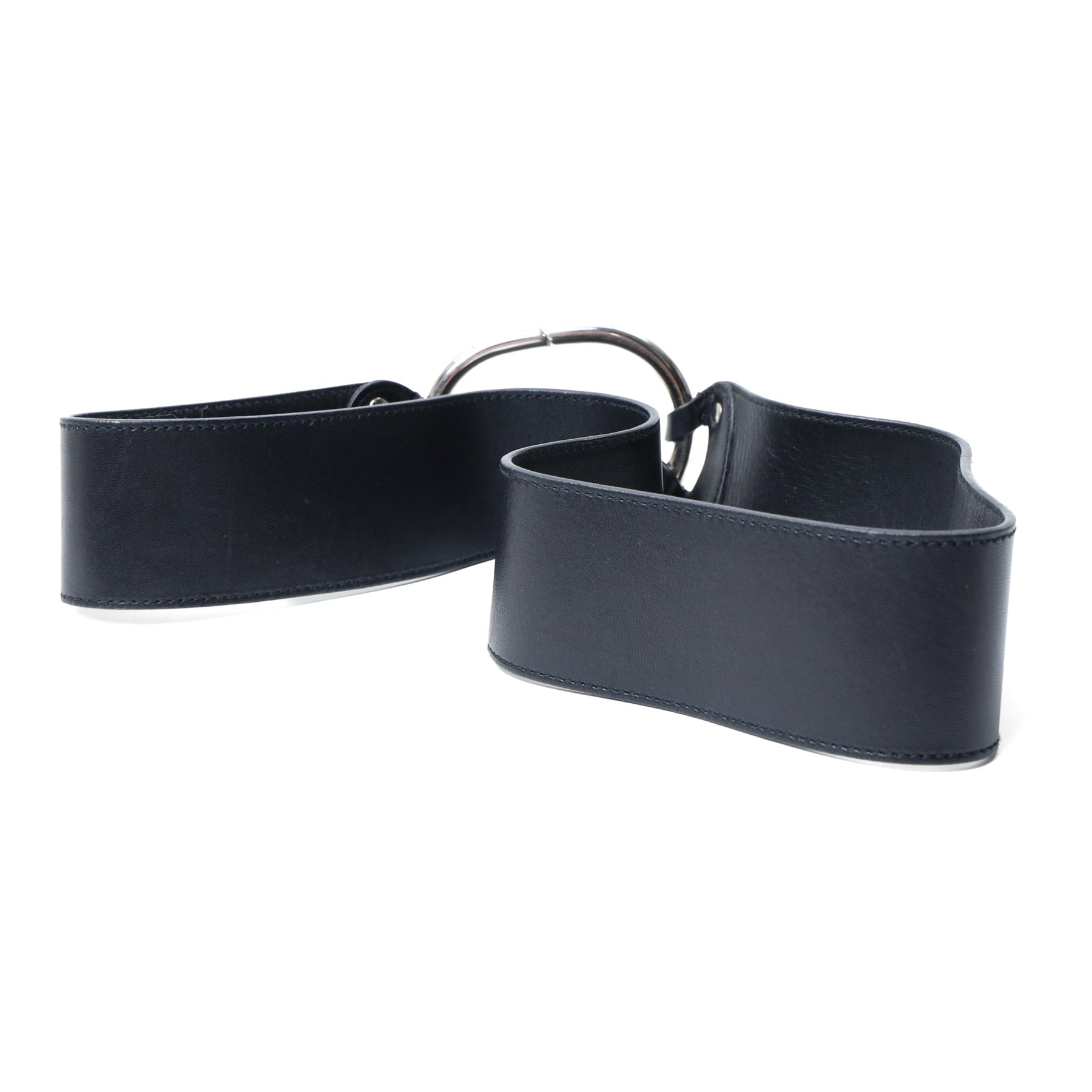 Prada - wide black leather waist belt, with oversized silver-tone circular ring clasp stamped PRADA, size 90/36