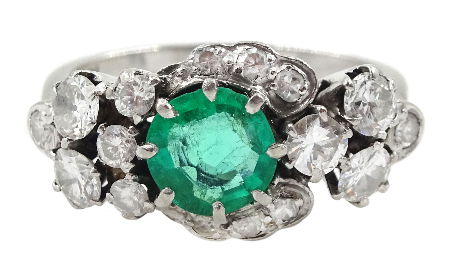 White gold round emerald and diamond cluster ring, stamped 18ct