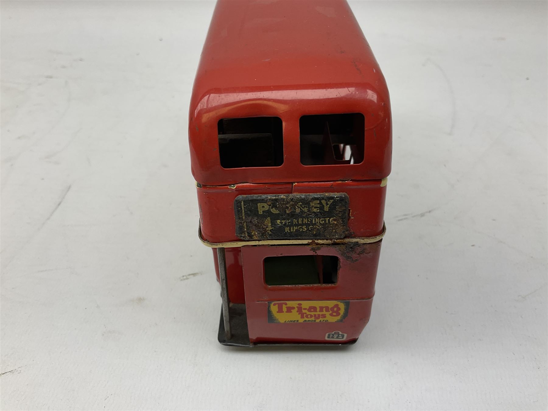 Tri-ang Minic tin-plate clockwork - London Transport Routemaster double decker bus 'Route 14 Putney' with Bovril and Tri-ang Pedal Motors advertisements; and Refuse Wagon with three sliding compartments; both unboxed (2)