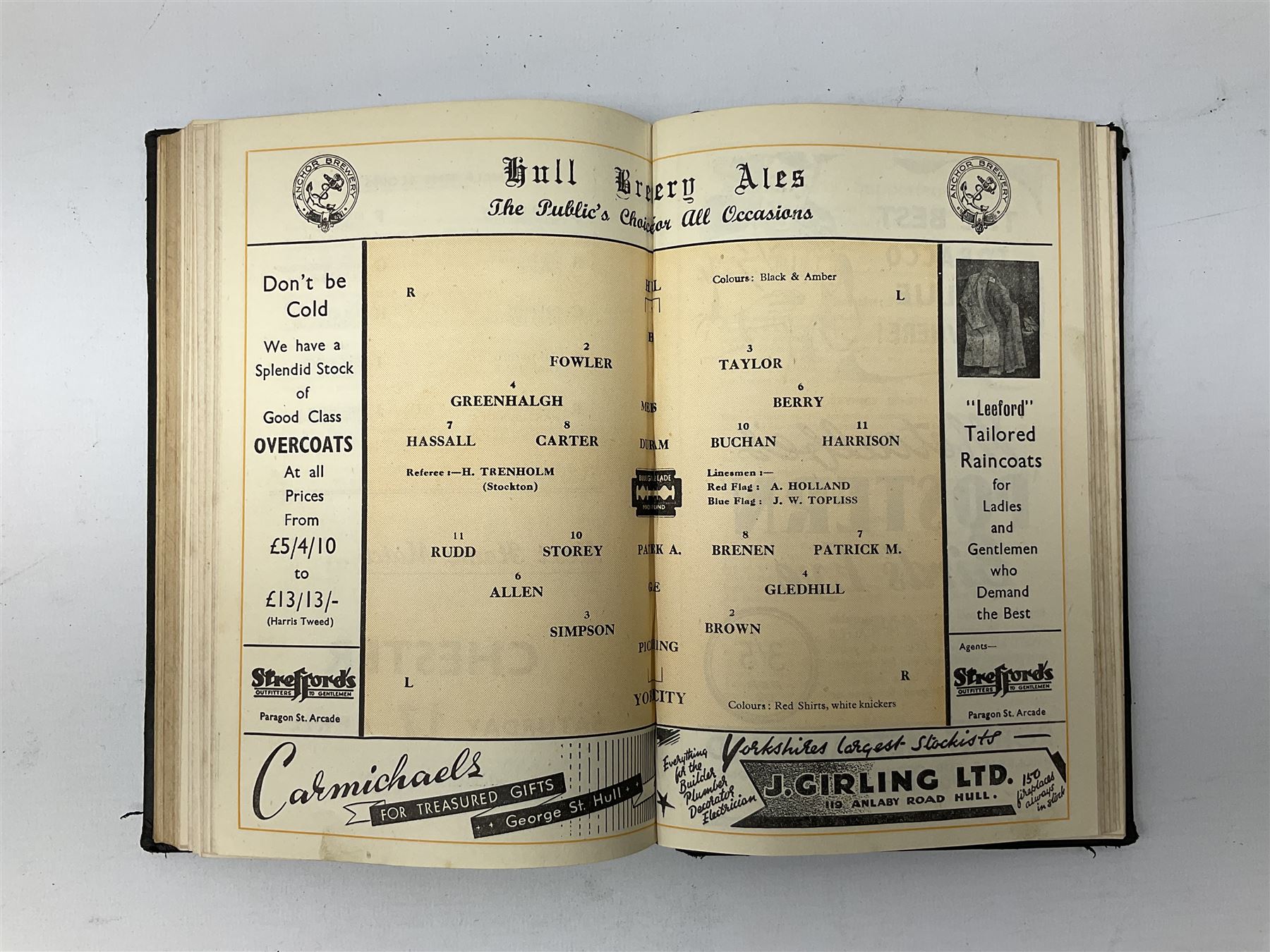 Hull City A.F.C. - two bound volumes of 1940s home match programmes; volume one 1946-7 season containing twenty-six programmes from 31/8/46 to 7/6/47 including Hull City Boys game 5/4/47 against Leicester Boys; volume two 1947-8 season containing twenty-five programmes including Raich Carter's first game 3/4/48 having taken over as player/manager 1/4/48. Uniformly bound in black half leather. Provenance: By direct descent from the family of Raich Carter having been consigned by his daughter Jane Carter.