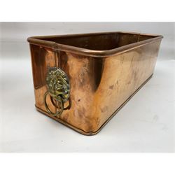 Victorian copper hot water urn, the body of plain cylindrical form with brass tap, the slightly domed lid with brass finial, together with a rectangular copper planter, with twin brass lion mask handles, urn H35cm
