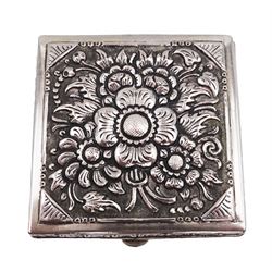 Continental silver cigarette case, of square form, repousse embossed with floral decoration,  stamped DHJ 800 beneath, L8cm