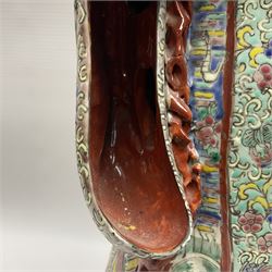 Chinese Republic Period porcelain figure, modelled as Shoulao, wearing elaborately enamelled robes decorated with peaches and flower heads, with impressed mark beneath, H55cm