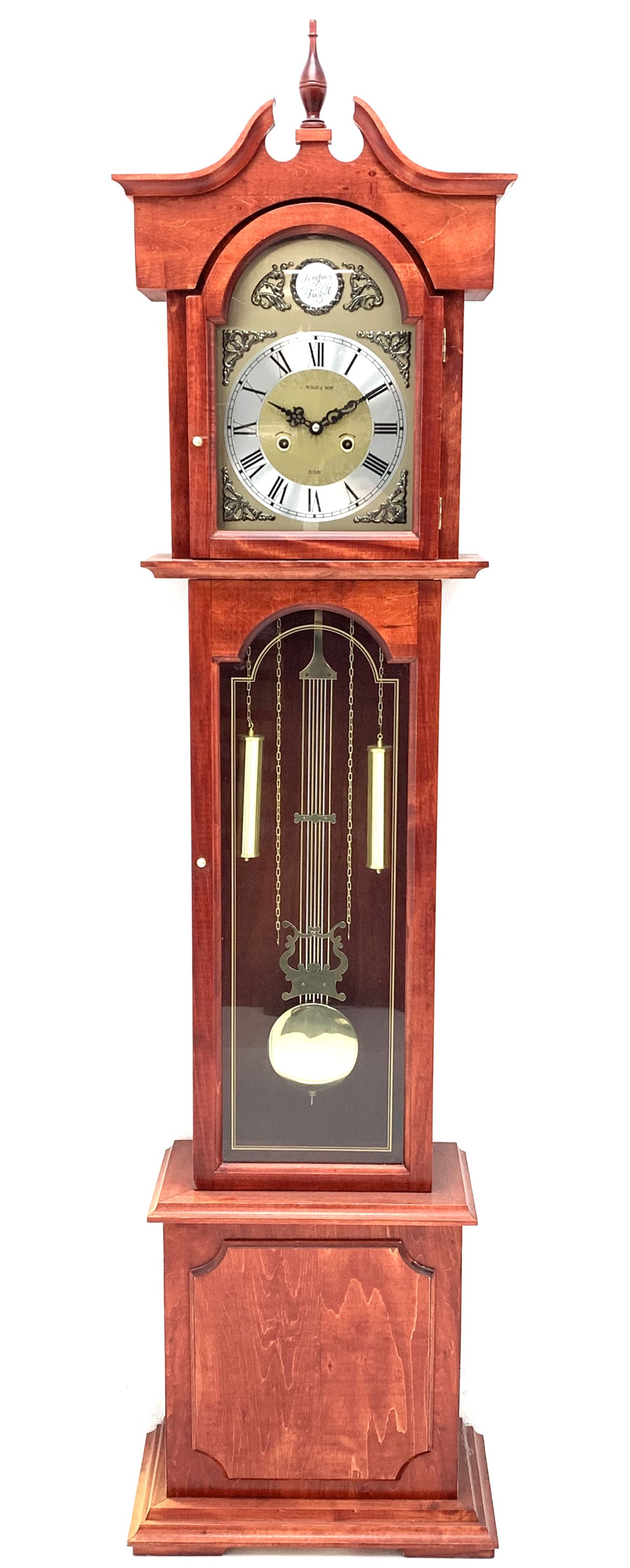 Contemporary stained beech longcase clock, Roman dial signed 'C. Wood & Son', 31-day twin train driven movement striking the hours and half on rods