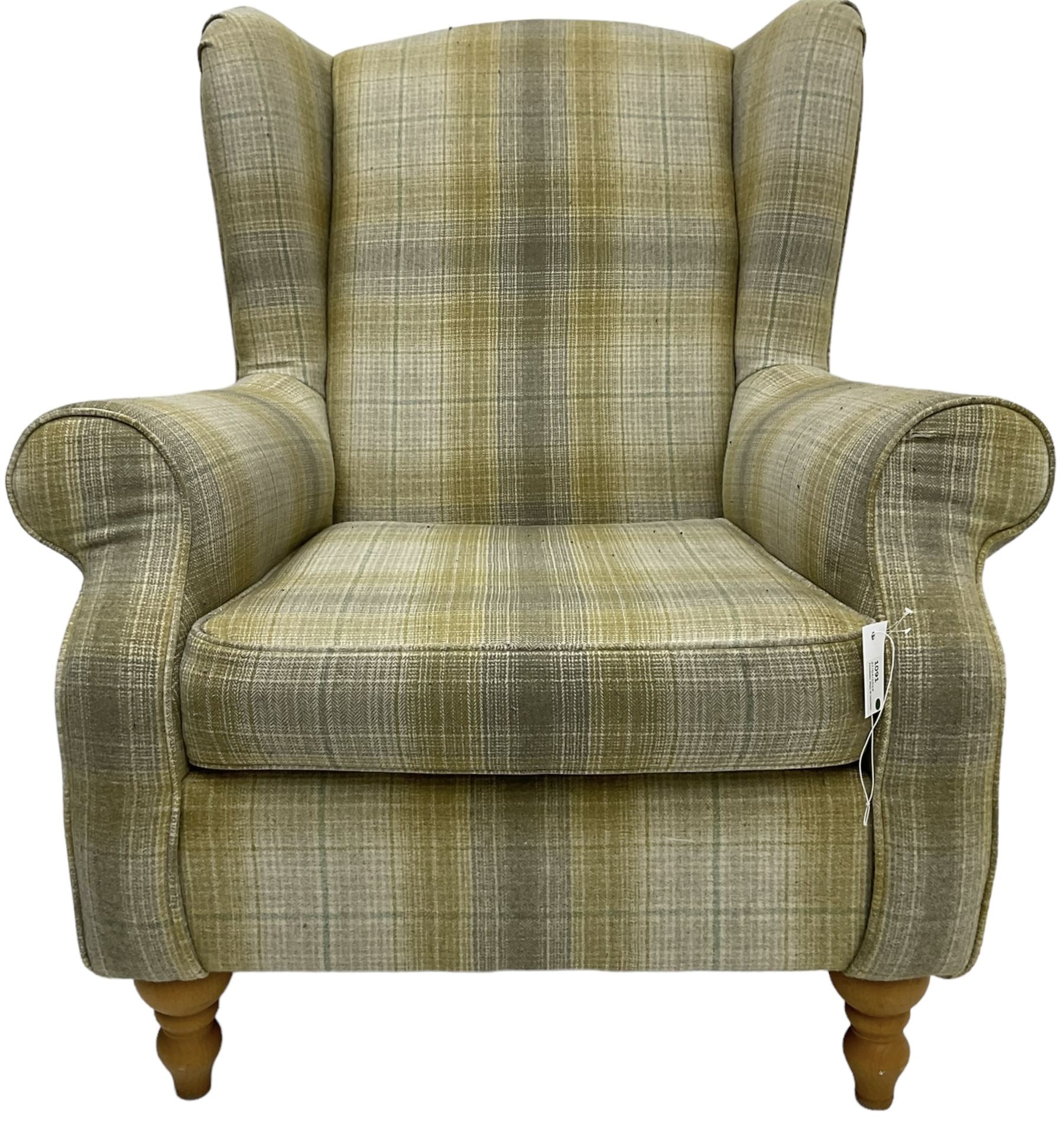 Next Home - 'Sherlock' hardwood framed wingback armchair, upholstered in pale green checkered fabric, on turned front feet