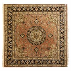 Persian Kashan style rug, salmon pink ground, central conforming lobed medallion in ivory ...