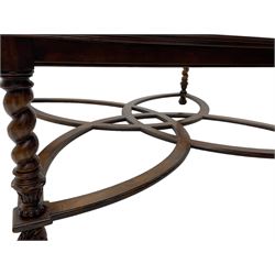 Jonathan Charles - large mahogany coffee table, the square oyster veneered top with verre églomisé inset, the glass hand-painted with gilt scrolling foliate patterns, raised on spiral turned supports with acanthus and gadroon carvings, united by interlocking demi-lune stretchers, on scrolled acanthus feet