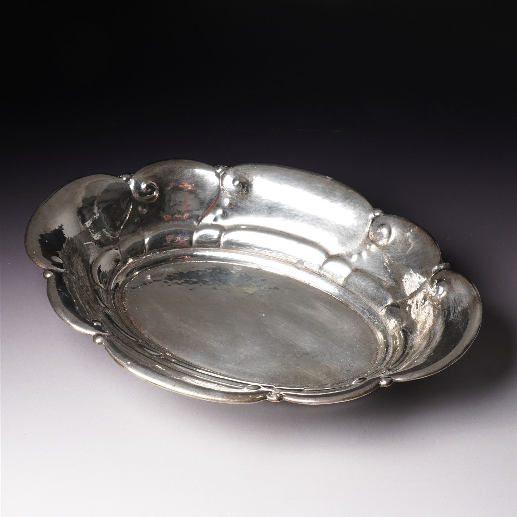 Norwegian 830 standard hammered silver oval fruit bowl with a raised border design W32 cm Maker Thune & Co