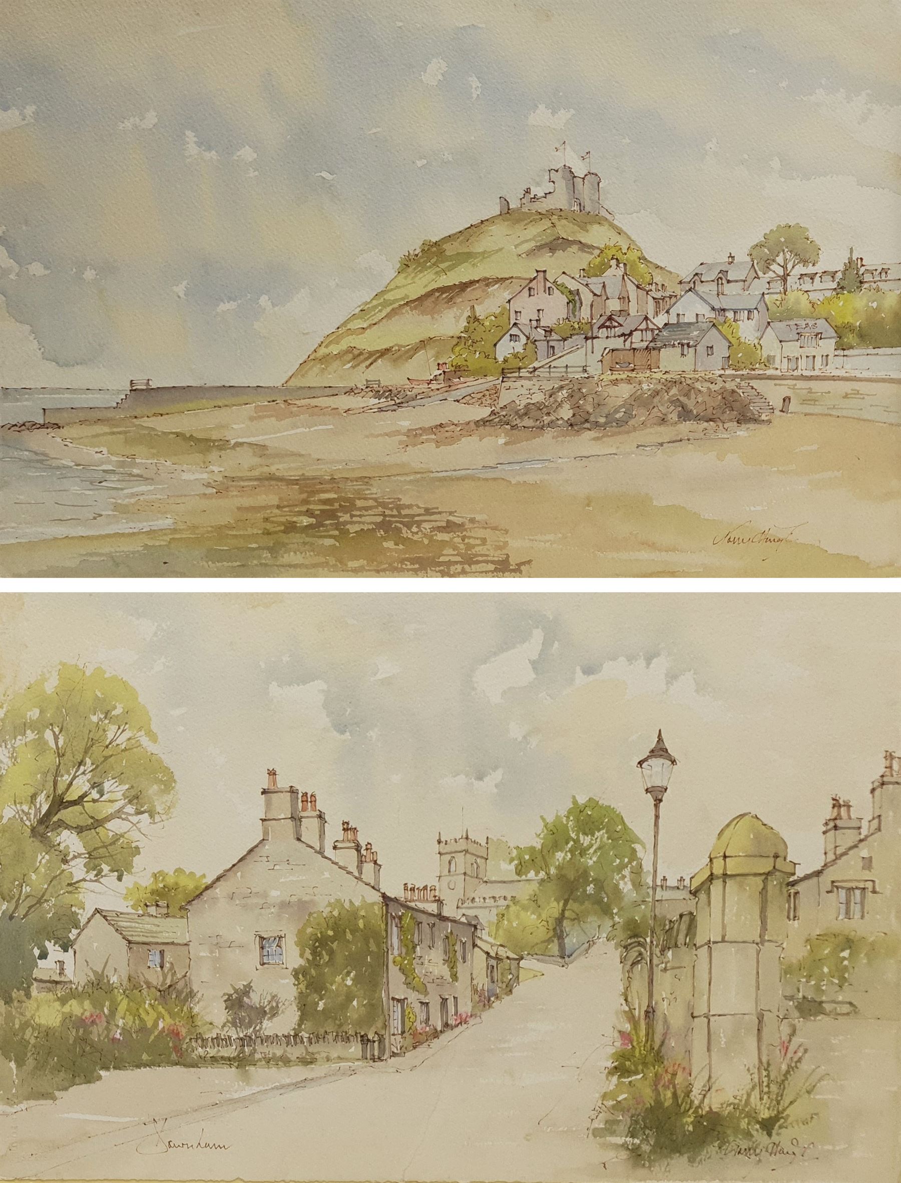 Tony Haigh (British c1936-2012): 'Downham' and Coastal Castle, pair watercolours signed, one titled 38cm x 57cm (2) (unframed)