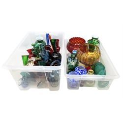 Quantity of coloured glass to include art glass, Murano style and gilded examples, large goblets, vases, set set of six drinking glasses, etc in two boxes