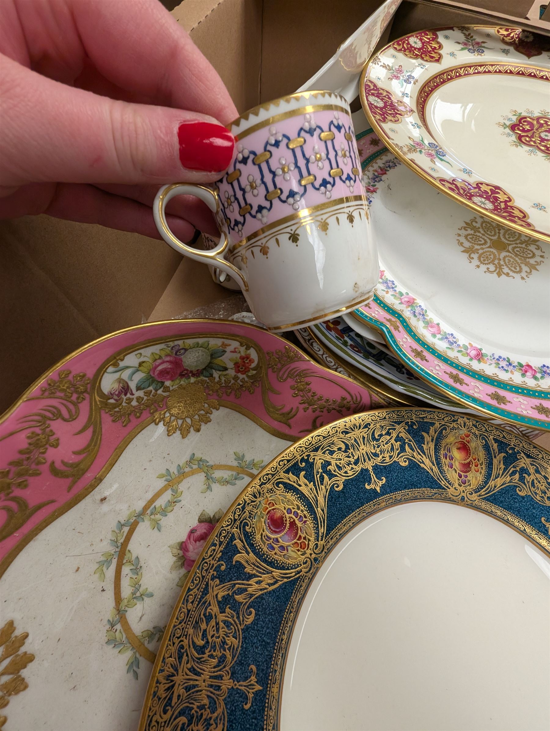 19th century and later ceramics, including cabinet plates, together with Continental vases, Copeland cups and other ceramics, in three boxes