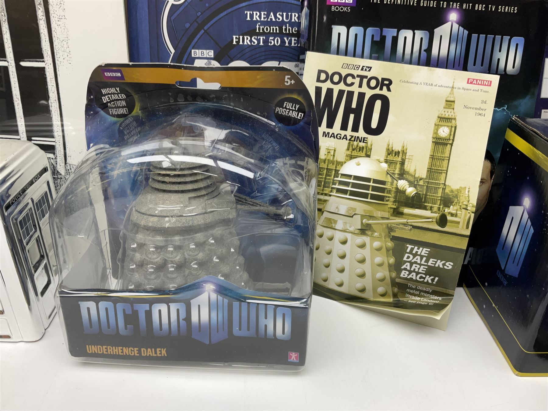 Doctor Who collectables to include ‘British Icon Dalek’ limited 50th anniversary edition in original box, collectors cookie jar, Dalek and Tardis related figures, sonic screwdrivers, small quantity of stamps, framed prints, books etc 