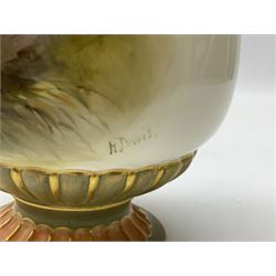 Early 20th century Royal Worcester vase decorated by Harry Davis, of ovoid form with twin acanthus mounted handles and waisted high neck supporting a domed cover, upon a circular foot, the body hand painted with sheep in a highland landscape, signed H Davis, with puce printed marks beneath including shape number 2425, and date code for 1907, H27.5cm