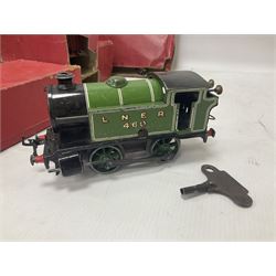 Hornby ‘0’ gauge - LNER 0-4-0 no.460 type 101 locomotive in green with key; further boxed ‘0’ gauge to include no.1 Crane Truck, no.2 single arm signals, open and closed goods wagons and cars; large quantity of track to include railway crossing, straight and curved track etc, in two boxes 