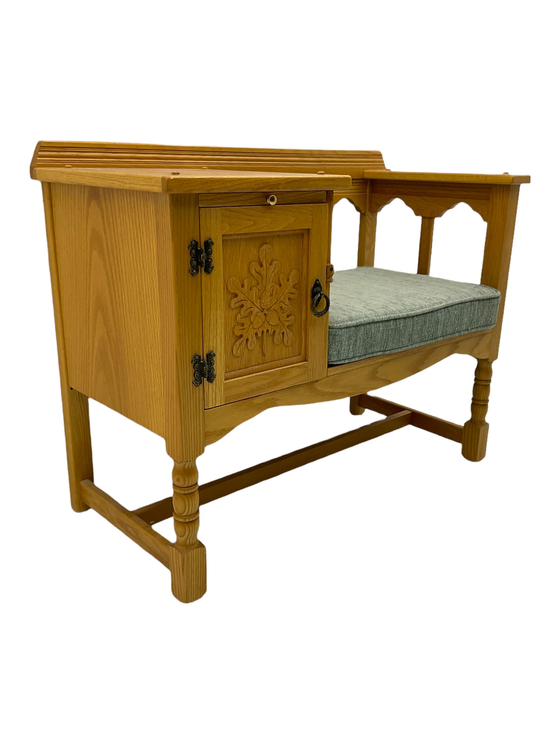 Light oak telephone table, with cupboard, upholstered seat