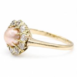 Gold pearl and diamond cluster ring, single pink pearl surrounded by ten old cut diamonds, stamped 14K, total diamond weight approx 0.60 carat