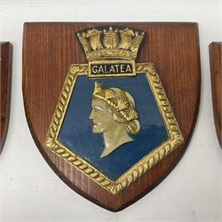 Six Naval wall shields, including HMS President, Vanguard, HMS Kilmorey etc, and another plaque 