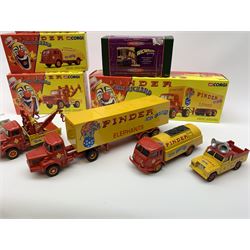 Four Corgi limited edition Pinder Jean Richard circus vehicles - 07201 Land Rover Pick-Up; 70101Berliet TLR Semi Fourgon; 70401 Berliet GLR8 Depanneuse; and 71202 Renault Faineant Citerne; together with Corgi Premium Edition Showman's Collection 07413 John Biddall Funfair Land Rover with horse; all mint and boxed with certificates (5)