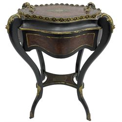 Late Victorian ebonised and amboyna wood jardinière planter, shaped form with removable lid inlaid with scrolling brass work and mounted by ornate cast gilt metal handles, the frieze rails inlaid with amboyna panels and brass stringing, on cabriole supports united by under-tier, decorated with cast gilt metal acanthus leaves and hooved feet caps