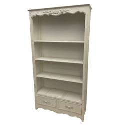 French style cream painted open bookcase with two drawers