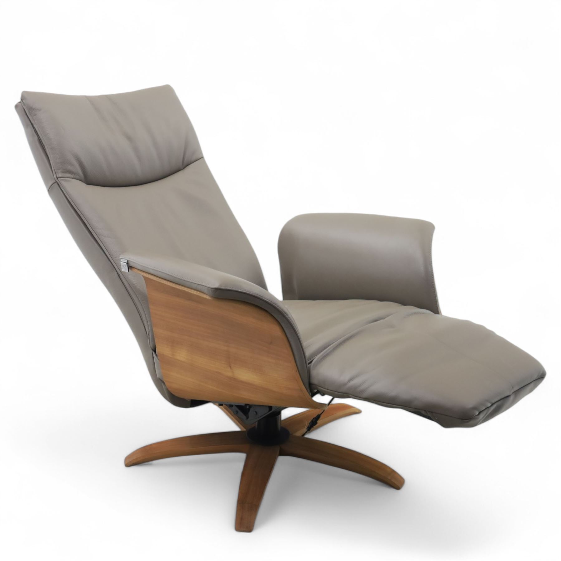 Hjort Knudsen - Danish electric reclining and swivel armchair upholstered in pewter leather, raised on a plywood frame above a five point base