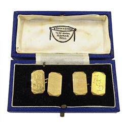 Pair of 9ct gold cufflinks, with engine turned decoration, initialed AGD, hallmarked, boxed 