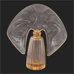 Lalique glass pin dish, with a frosted bird to the center, together with two Lalique scent bottles, pin dish H8cm