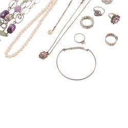Silver and silver stone set jewellery, including cultured pearl necklace, rings, pendants, etc