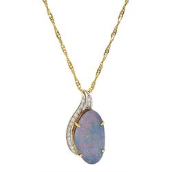 18ct gold opal doublet and milgrain set diamond pendant, stamped 750, on 9ct gold necklace, hallmarked 